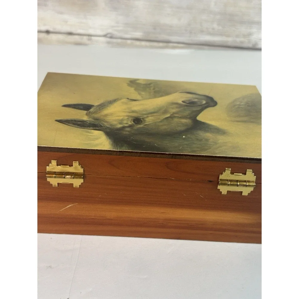 Cedar Wood Trinket Box With Horses Vintage 4x6